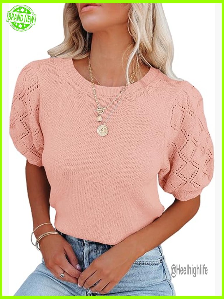Short Sleeve Crewneck Knit Pullover Blouse Summer Crochet Top Woven